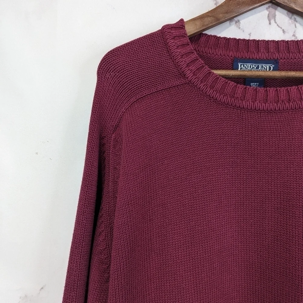 Lands End Sweater Elbow Patches Mens XL Tall Vintage Red Cotton Crew Nec…